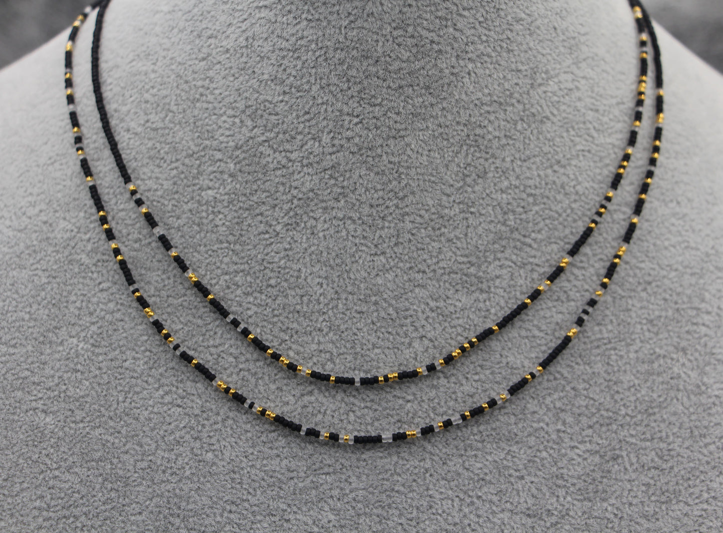 Black Matte, Gold & Crystal Double Strand Necklace